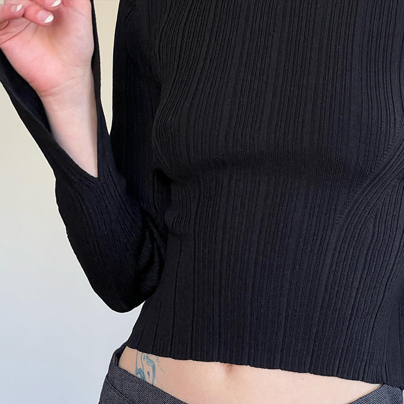 Solid color texture texture flared sleeve shirt for women, simple style niche temperament pullover round neck base shirt top